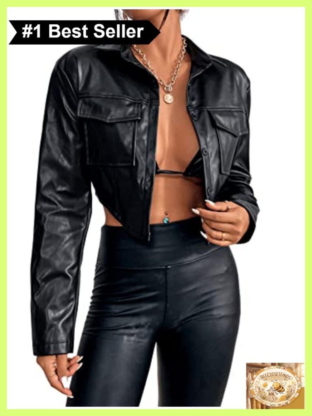 PU Leather Cropped Coat Button Front Jacket Bust Pocket